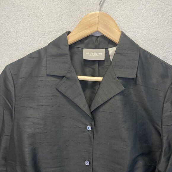 100% Silk Textured Button Up Shirt Womens 6 Black Minimalist Quiet Luxury Blouse - Picture 2 of 16